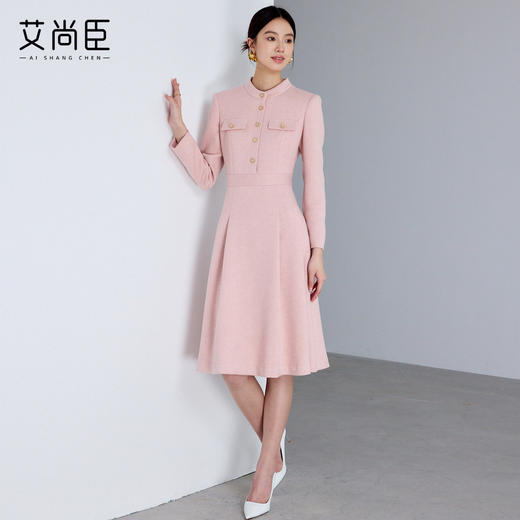 艾尚臣小香风长袖连衣裙女高级感圆领毛呢赫本风优雅千金粉色裙子 商品图3