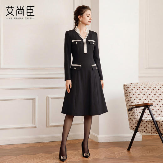 艾尚臣山茶小香风V领荷叶边连衣裙女黑色收腰显瘦千金风中长裙A裙 商品图1