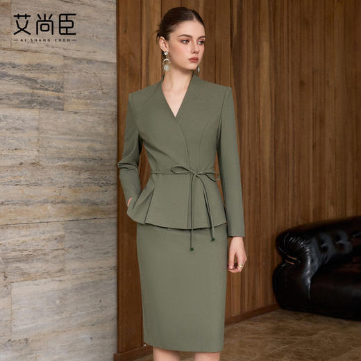 艾尚臣通勤上镜西服套装女春季气质复古松绿色西装正装职业半身裙 商品图1