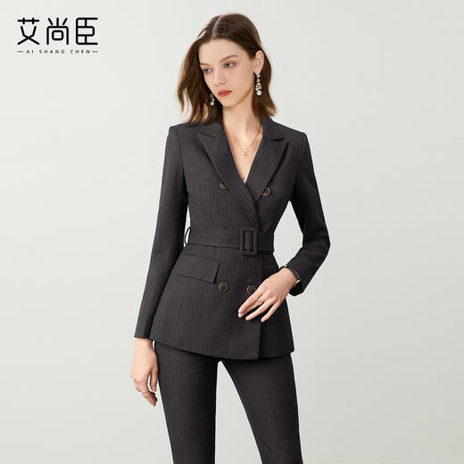 艾尚臣复古棕色西装套装女秋冬高级感通勤条纹职业装管理层工作服 商品图0