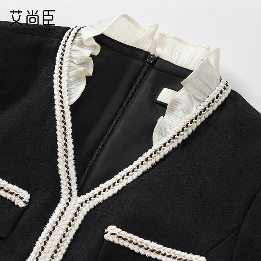 艾尚臣山茶小香风V领荷叶边连衣裙女黑色收腰显瘦千金风中长裙A裙 商品图3