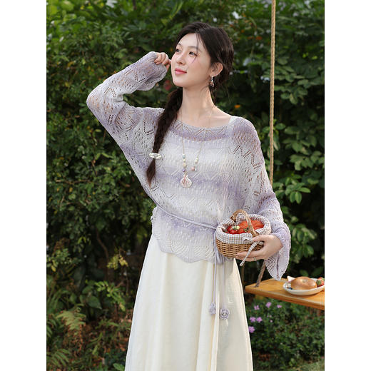 鹿向南「花漾漫语」浅杏色连衣裙紫色针织衫两件套春季新款套装女 商品图2