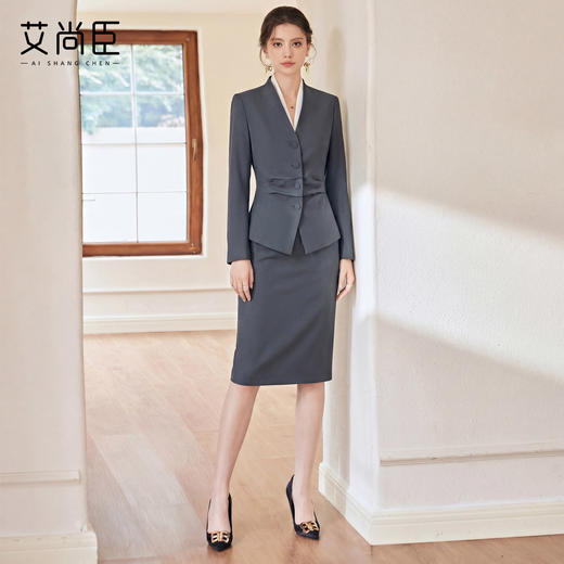 艾尚臣灰色西装套装女长袖职业装显瘦两件套OL通勤职场商务穿搭春 商品图3