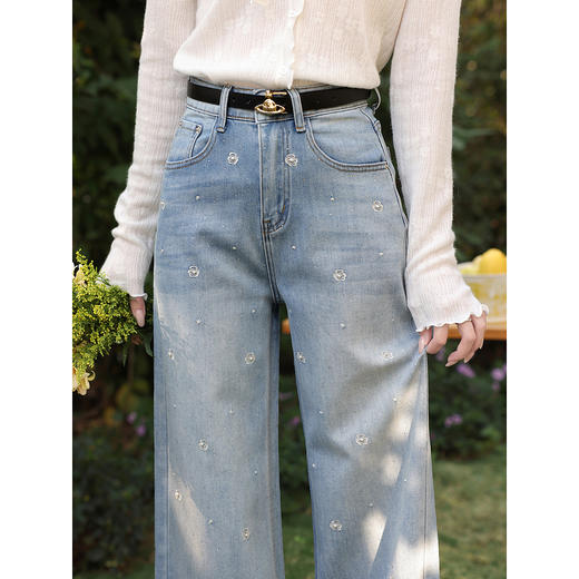 鹿向南「罗曼烟迹」蓝色宽松亮片烫钻阔腿牛仔裤女春显瘦直筒长裤 商品图2