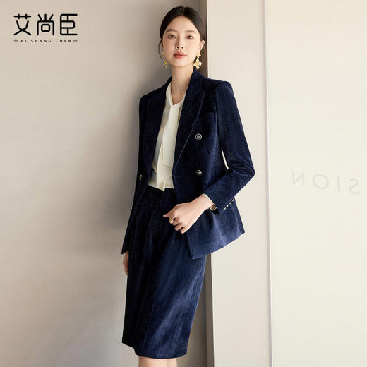 艾尚臣秋冬加厚雪尼尔西装套装女职业装双排扣通勤风气质休闲西服 商品图1