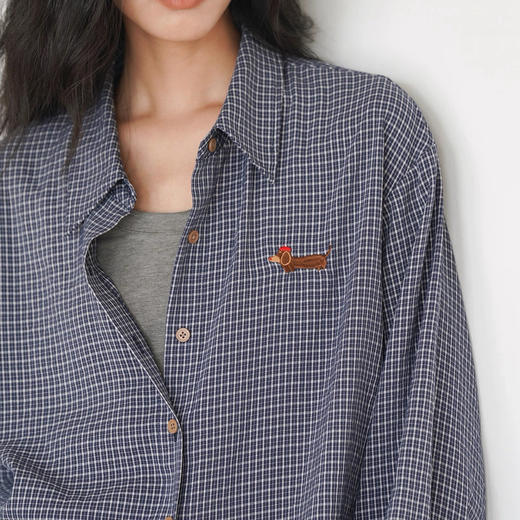 【腊肠小狗刺绣蓝格纹衬衫】不挑人宽松版型 简约气质款 商品图2