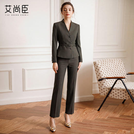 艾尚臣西装套装女棕绿色西服职业装正式场合穿搭通勤正装两件套春 商品图2