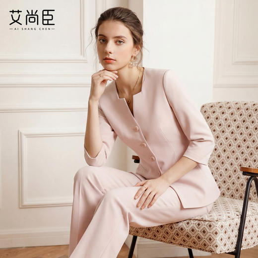 艾尚臣极简直身西装套装女七分袖阔腿裤两件套高级感修身职业装粉 商品图1