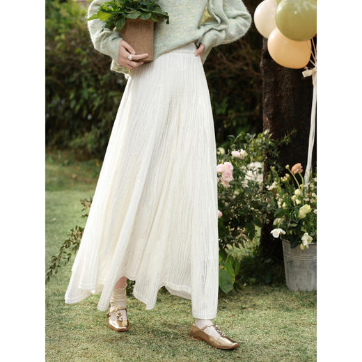 鹿向南「云纱流纹」米白色轻薄a字半身裙女春宽松显瘦高腰长裙子 商品图4