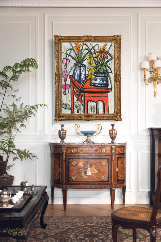 独角鹿西洋古董1999年法国具象派大师Bernard Buffet签名创作布面油画《中式桌上的花卉》 商品图0