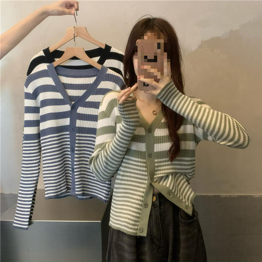 【经典条纹元素❗百搭不挑风格】秋季新款显瘦条纹针织长袖开衫衣女。rg 商品图0