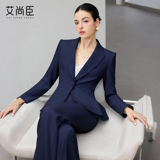 艾尚臣藏青色公务员通勤西装职业套装女商务正装套装微喇裤工作服 商品图4