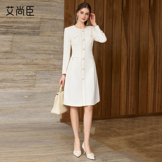 艾尚臣轻奢优雅风月光白连衣裙女长袖珍珠扣修身显瘦气质裙小香风 商品图1