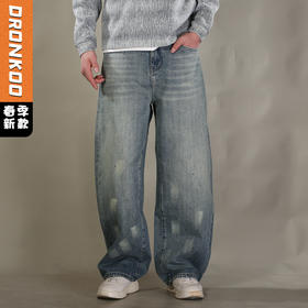 DRONKOO 2026 半松紧腰裤腿刷漆墨点中厚牛仔长裤