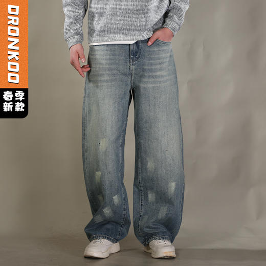 DRONKOO 2026 半松紧腰裤腿刷漆墨点中厚牛仔长裤 商品图0