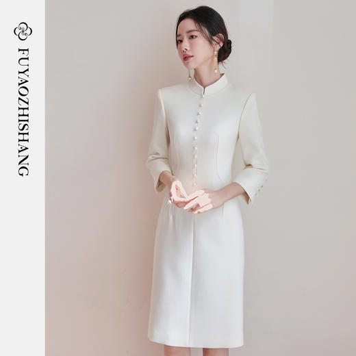 FUYAO扶摇直上 新中式醋酸旗袍裙女七分袖立领连衣裙修身优雅裙子 商品图0