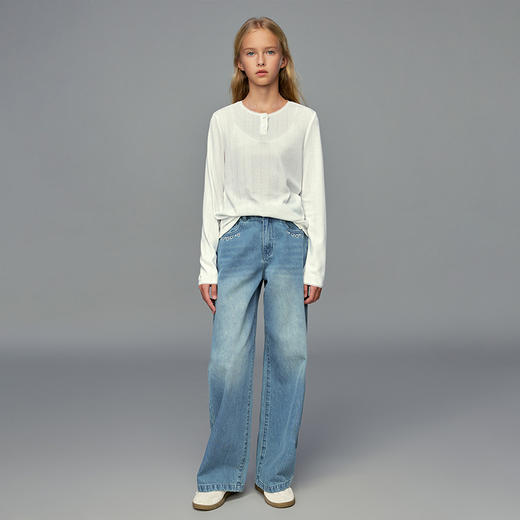 💕春3童装法式经典绣花直筒百搭牛仔长裤 商品图2