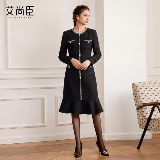 艾尚臣小香风黑色粗花呢连衣裙女收腰鱼尾裙银丝细闪千金风优雅 商品图2