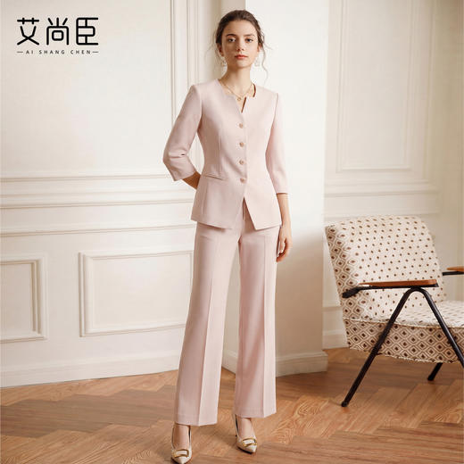 艾尚臣极简直身西装套装女七分袖阔腿裤两件套高级感修身职业装粉 商品图3
