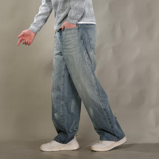 DRONKOO 2026 半松紧腰裤腿刷漆墨点中厚牛仔长裤 商品图2