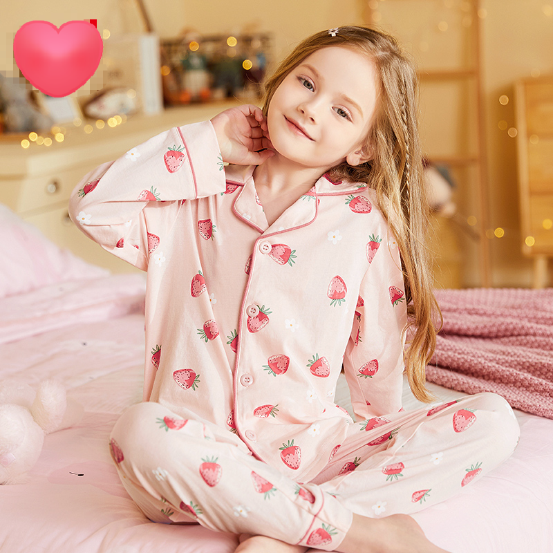 【清仓捡漏】【150-160】女童春秋款翻领草莓花朵家居服空调服套装猫人