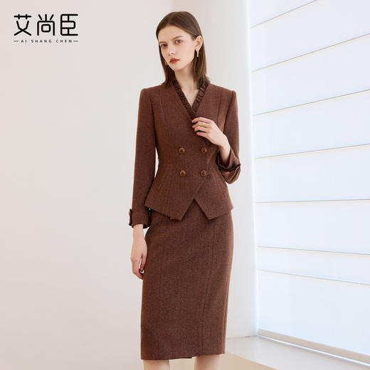 艾尚臣冬日摩卡棕小香风两件套女御姐千金风气质名媛西装套装裙厚 商品图2