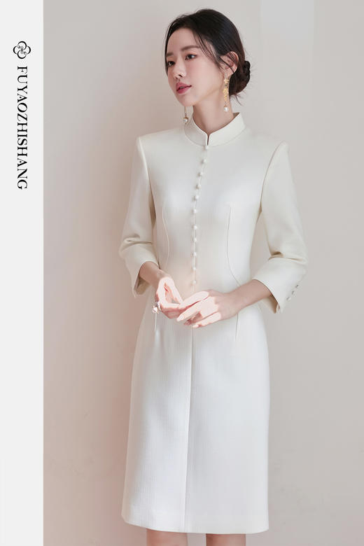 FUYAO扶摇直上 新中式醋酸旗袍裙女七分袖立领连衣裙修身优雅裙子 商品图5