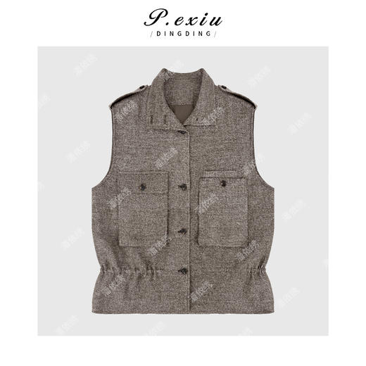 PanYiXiu/潘依绣100%亚麻工装风单排扣抽绳收腰立领马甲W-63401 商品图1