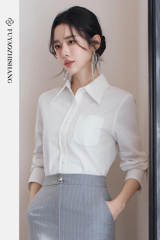 FUYAO扶摇直上 简约风白衬衫女春季长袖翻领衬衣通勤职场正装上衣 商品图5