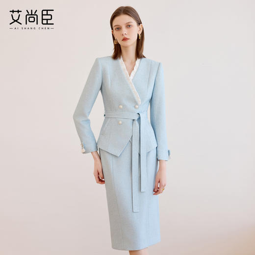 艾尚臣晨曦蓝西装套装女高端精致女职业装商务通勤厚西服两件套冬 商品图0