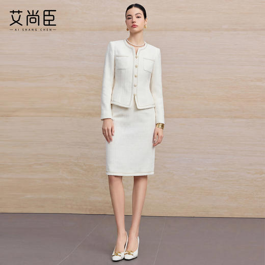 艾尚臣小香风套装女绵羊毛优雅风米白色金扣两件套气质职场套装春 商品图3