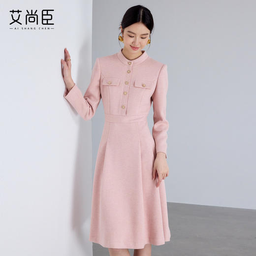艾尚臣小香风长袖连衣裙女高级感圆领毛呢赫本风优雅千金粉色裙子 商品图0