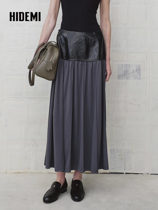 HIDEMI 设计感油蜡皮拼接套装垂感长裙半身裙 商品图0
