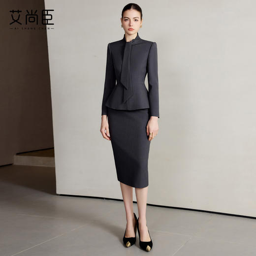 艾尚臣设计感围巾领西装套装女高级灰色西服两件套法式摩登穿搭冬 商品图3