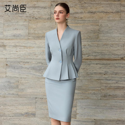 艾尚臣高端优雅西装套装女灰蓝色时尚套装气质高级感工作服两件套 商品图0