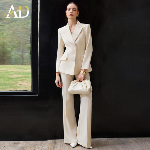 AD商务风浅米色西装套装女修身收腰西服外套阔腿裤两件套职业装 商品图0