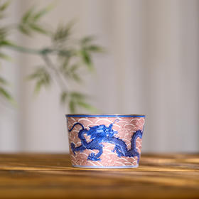 【忘言】 青花釉里红海水龙纹手工铜盖建水 曰何文人器