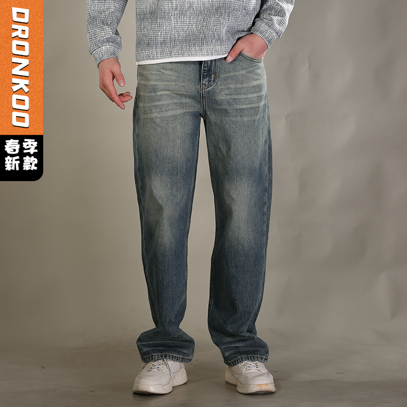DRONKOO 2026 正常腰上下渐变复古洗水中厚牛仔长裤