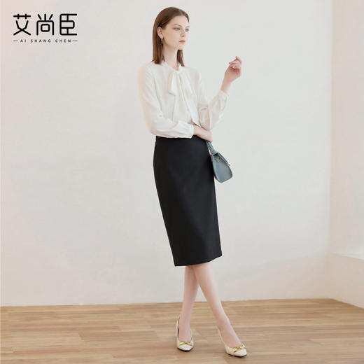 艾尚臣简约黑色半身裙女高腰包臀中长裙通勤职业一步裙面试直筒裙 商品图3