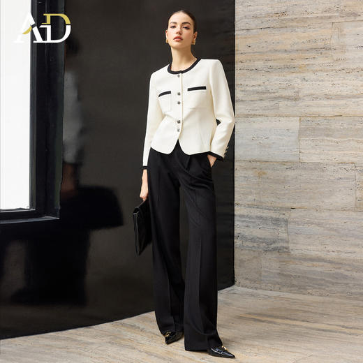 AD2026春季新款通勤西装套装女撞色圆领长袖短外套高端职业阔腿裤 商品图0