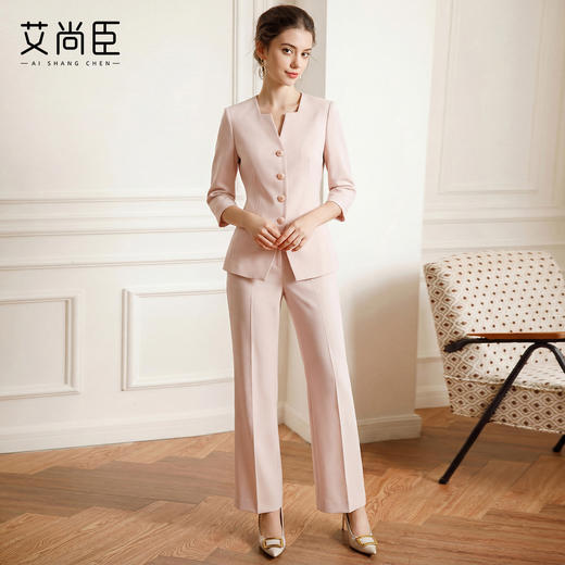 艾尚臣极简直身西装套装女七分袖阔腿裤两件套高级感修身职业装粉 商品图2