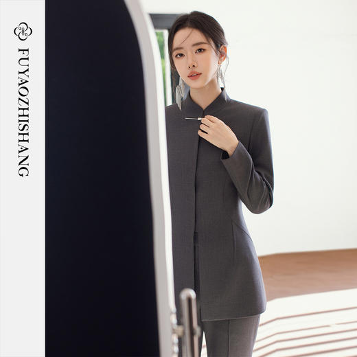 FUYAO扶摇直上 新中式西装套装女立领改良中山装修身职业装两件套 商品图3