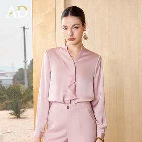 AD高端精致粉色缎面长袖衬衫女春2026新款高级感重要场合穿搭衬衣