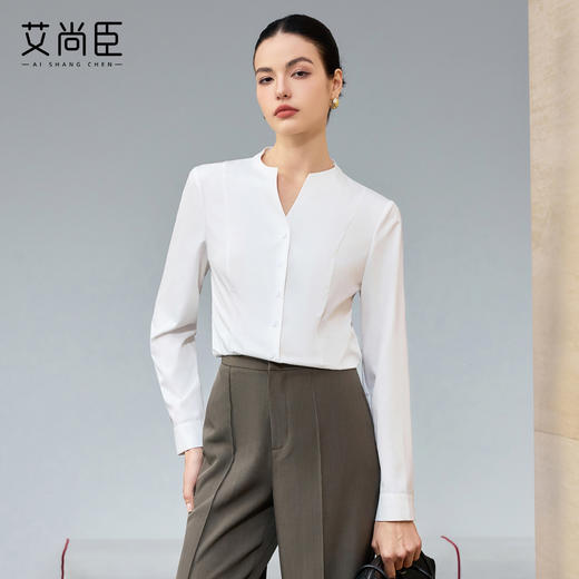 艾尚臣简约风白色立领衬衫女长袖职业通勤面试高级感工作服衬衣 商品图1