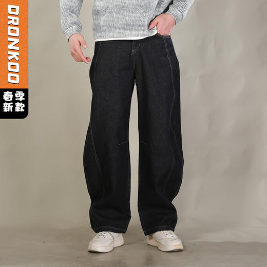 DRONKOO 2026 内抽绳半松紧前交叉破骨普洗弯刀型中厚牛仔长裤 商品图0