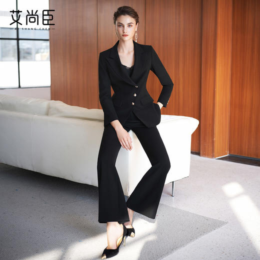 艾尚臣优雅风黑色西装套装女职业装商务套装轻熟时尚微喇裤两件套 商品图3