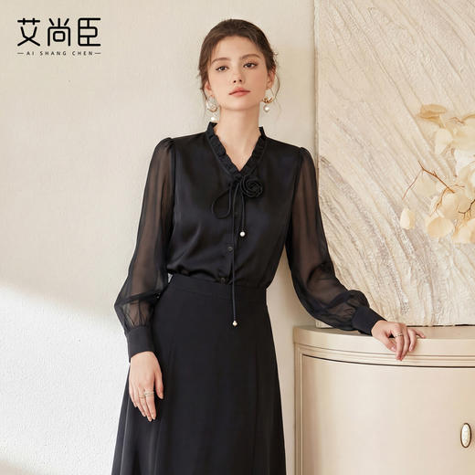 艾尚臣轻奢风黑色衬衫半裙两件套女春季灯笼袖花边领雪纺衬衣套装 商品图1