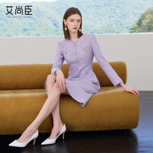 艾尚臣星河紫小香风连衣裙女高级感气质主持人修身显瘦通勤A字裙 商品图1