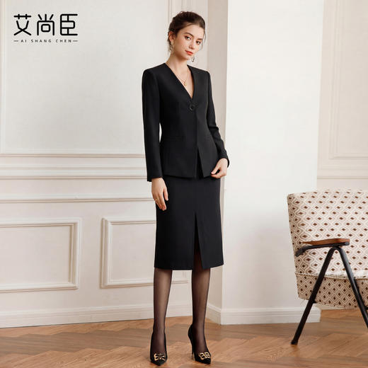 艾尚臣商务风职业装西装套装女气质V领收腰显瘦工作服黑色一粒扣 商品图4