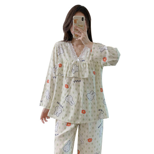 【花边领口设计❗舒适大气】春秋女士棉绸睡衣蕾丝边印花长袖长裤两件套防凸点可爱薄款睡衣。rg 商品图4